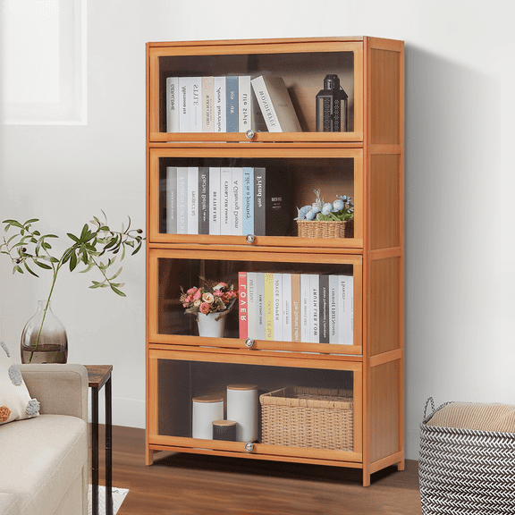Magshion Bamboo 4 Shelves Bookshelf Bookcase with Door, 54"Tall Books Toys Storage , Acrylic , for Home
