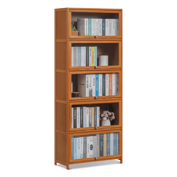 Magshion Bamboo/Acrylic 5 Shelves Bookcase with Door, Display Storage Rack, Brown, for Living Room