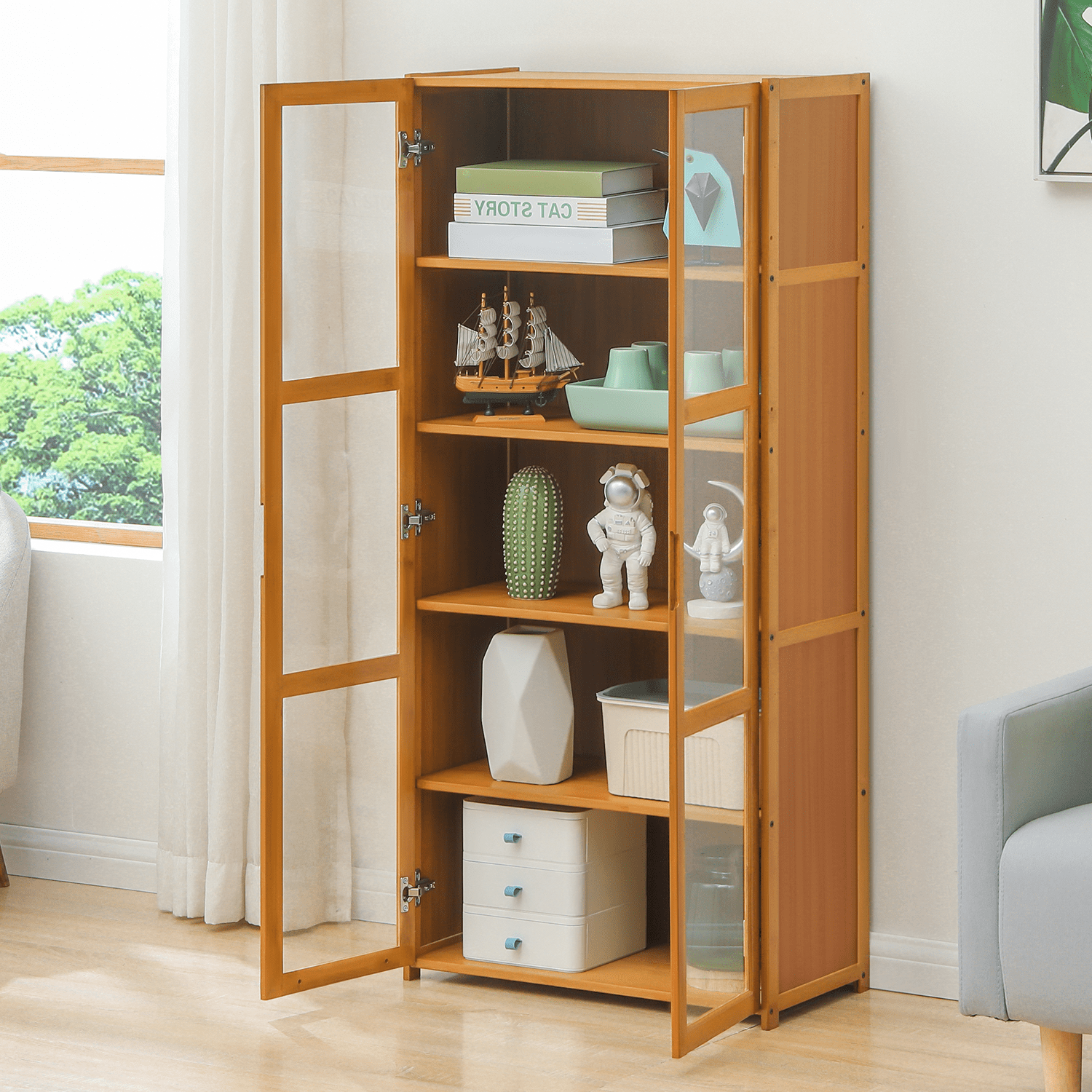 Brown Bamboo 5-Tier Bookcase with Transparent Doors