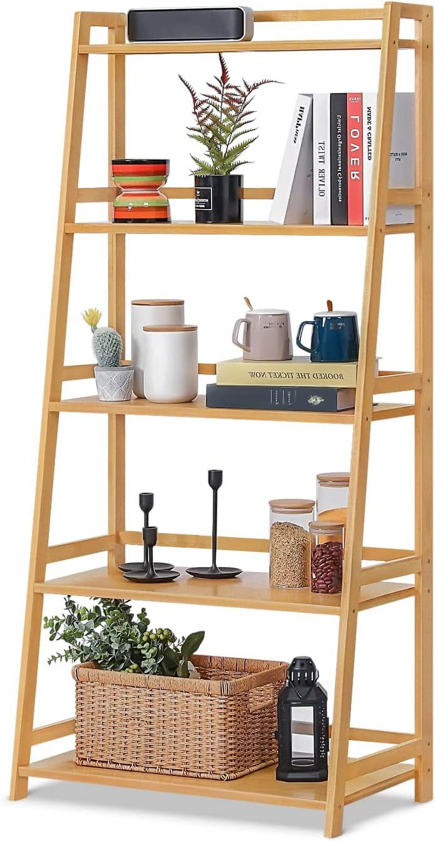 Magshion Bamboo Ladder Bookshelf 5Tier Ladder Shelf Floor Freestanding