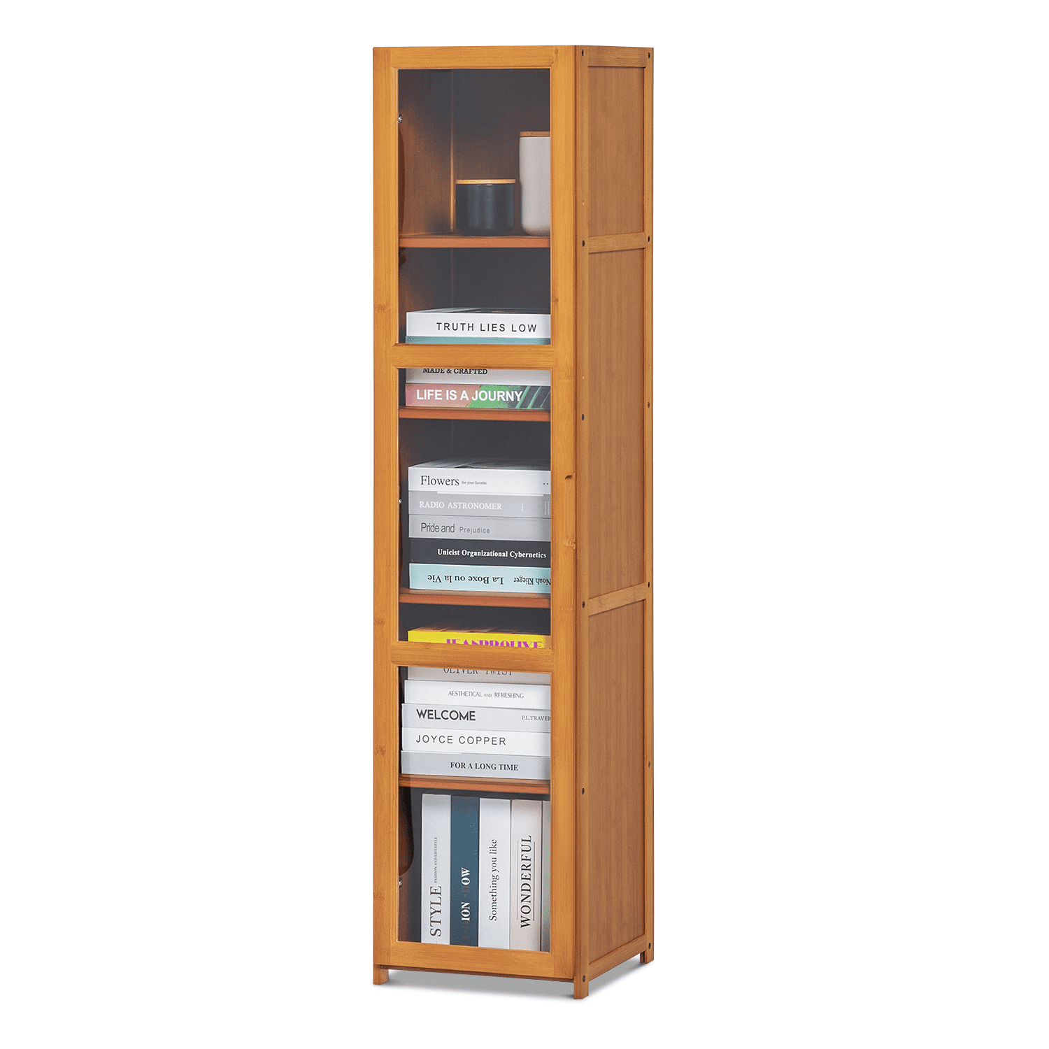Magshion Bamboo Narrow 5 Tiers Bookcase with Acrylic Doors, Display
