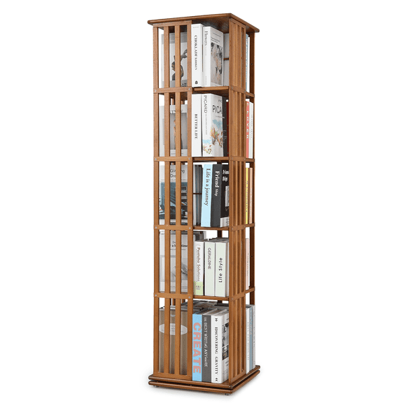 Magshion Bamboo Revolving Bookshelf 360 Degrees, 5-Tiers Free Standing Rotating Bookcase, Storage Rack for Home, Study, Office, Brown
