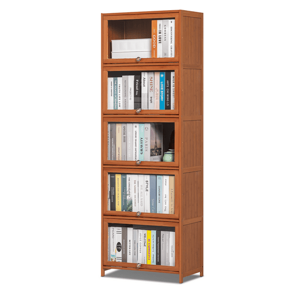 Magshion Bamboo Tall 5 Tiers Bookcase, Free Standing Shelf with Acrylic Door, Brown, for Living Room