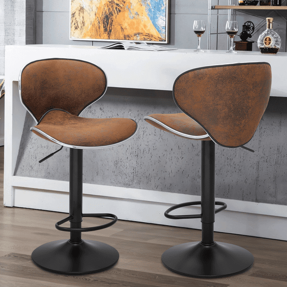 Magshion Bar Stools Set of 2, Adjustable Counter Height Swivel Bar Chairs Seat with Curved Back for Home Kitchen Bistro Pub, Leather Coffee