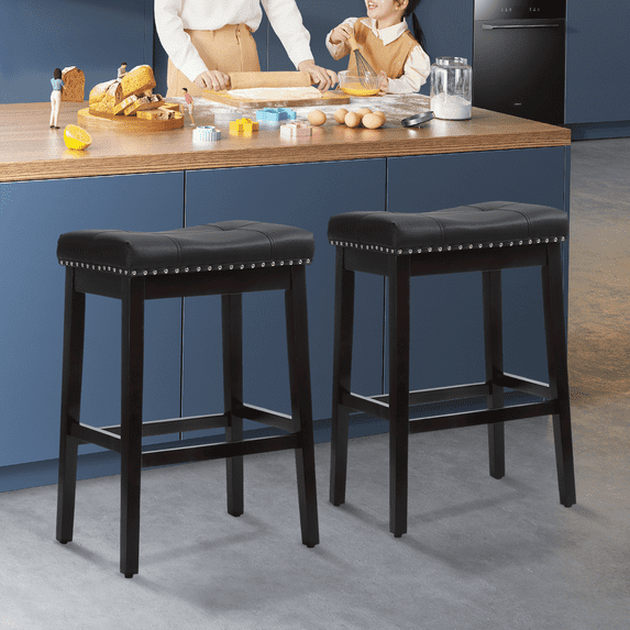 Magshion Bar Stools Set of 2, Modern Counter Height, PU Leather Saddle Seats for Kitchen, Island, Bistro, Black