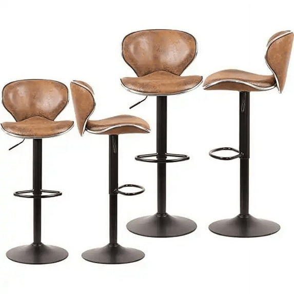 Magshion Bar Stools Set of 4, Adjustable Counter Height Swivel Barstools Chairs with Curved Back for Home Kitchen Bistro Pub, Leather Coffee