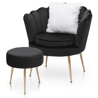 Magshion [CHAIR+PILLOW+FOOTSTOOL SET] Home Tufted Velvet Solo Sofa Ottoman Set with Cushion, Livingroom Accent Chair with Footrest Stool, Black