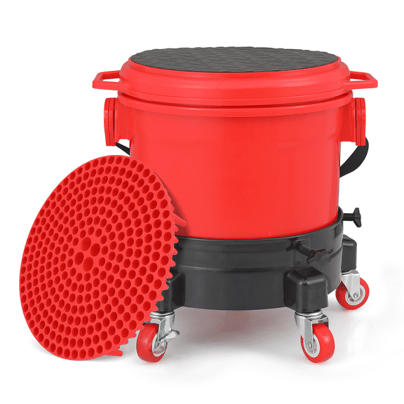 Magshion Car Washing Bucket Pulley with 360 Degree Casters, Bucket Dolly with Insert Grit Trap & Seatable Lid, 300lbs Weight Capacity, Red