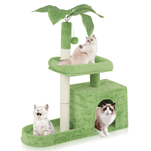 Magshion Cat Tree for Indoor Cats with Green Leaves, 32'' Cat Tower for Indoor Cats with Rest Area, Plush Cat House with Cat Cave and Sisal Scratching Posts Cat Furniture, Green