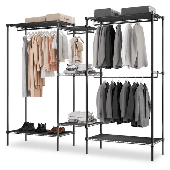 Magshion Clothes Rack Heavy Duty Clothing Rack for Hanging Clothes Adjustable Wire Shelving Large Capacity Closet with 4 Hanger Rods, Freestanding Closet Wardrobe, 85.5"Lx17.5"Wx71"H, Black