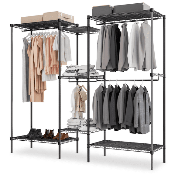 Magshion Clothing Racks for Hanging Clothes Heavy Duty Clothes Rack Carbon Steel Free Standing Portable Wire Garment Rack with Adjustable Shelves, 77"Lx17.5"Wx71"H, Black