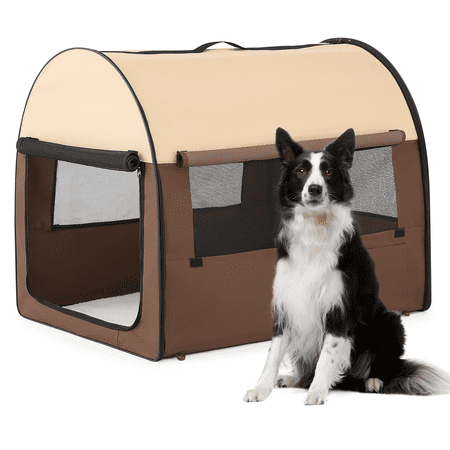 Magshion Collapsible Soft-Sided Dog Crate for Large Dog, 1-Door Portable Pet Kennel with 4 Ground Nails and 1 Carry Bag, 600D Oxford Fabric for Daliy Travel, Coffee