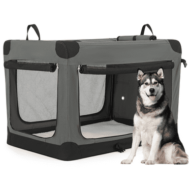 Magshion Collapsible Soft-Sided Dog Crate for Large Dog, 4-Door Portable Pet Kennel, 600D Oxford Fabric for Daliy Travel, Gray
