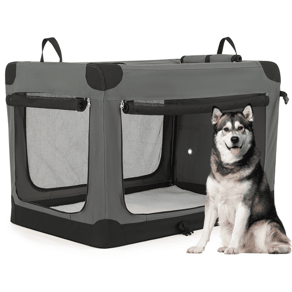 Magshion Collapsible Soft-Sided Dog Crate for Large Dog, 4-Door Portable Pet Kennel, 600D Oxford Fabric for Daliy Travel, Gray