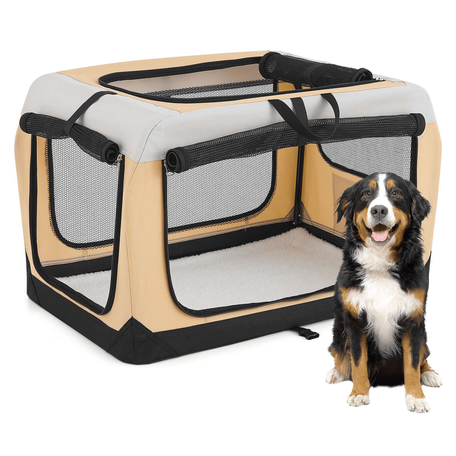 Magshion Collapsible Soft Sided Dog Crate for Small to Medium Dog 3 Door Portable Pet Kennel 600D Oxford Fabric for Daliy Travel Beige