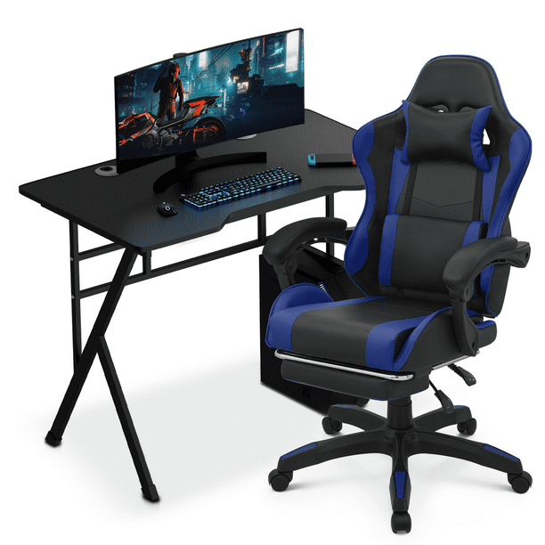 Magshion Computer Desk Chair Set Adjustable Height Gaming Chair Recliner with Retractable Footrest and Laptop Table Workstation with Cable Management Grommet for Home Office Blue Walmart Business Supp...