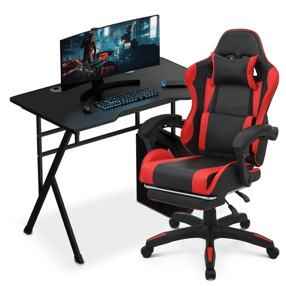 Magshion Computer Desk & Chair Set, Laptop Table with Cable Management Grommet and Adjustable Gaming Chair Recliner with Retractable Footrest & Lumber Support, Red