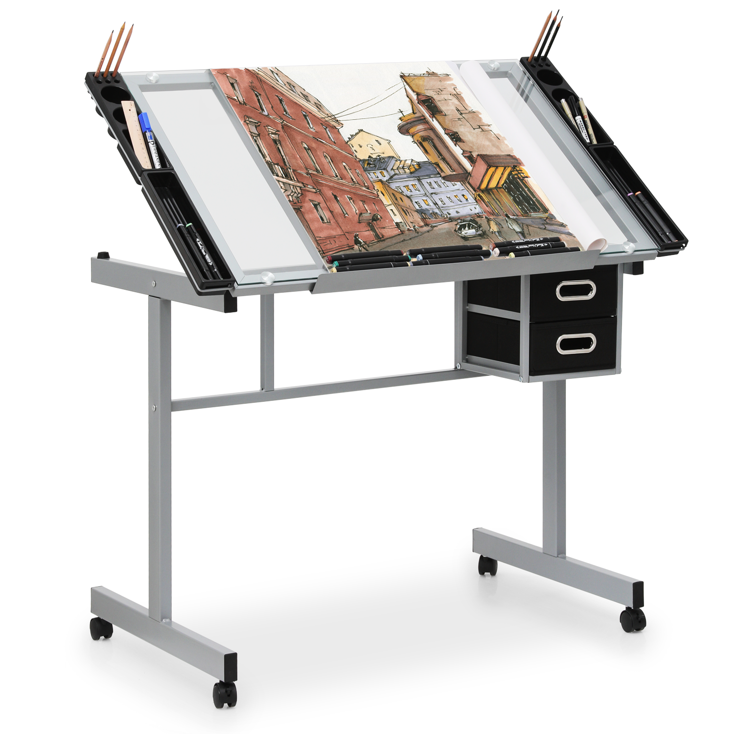 Futura Metal Drafting Drawing Craft Table with Glass Angle Adjustable Top with Folding Top Shelf