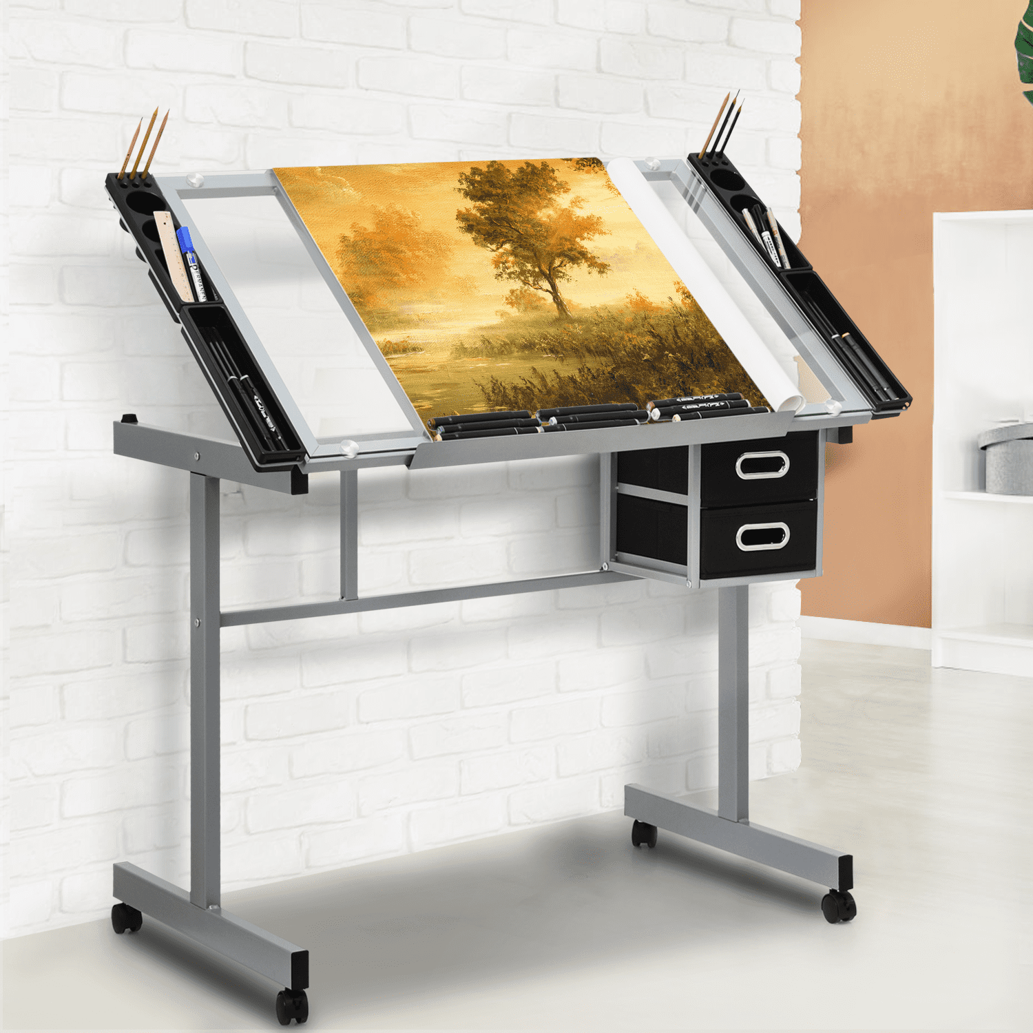 Magshion Craft & Drawing Station, Grey, Glass Top Drafting Table