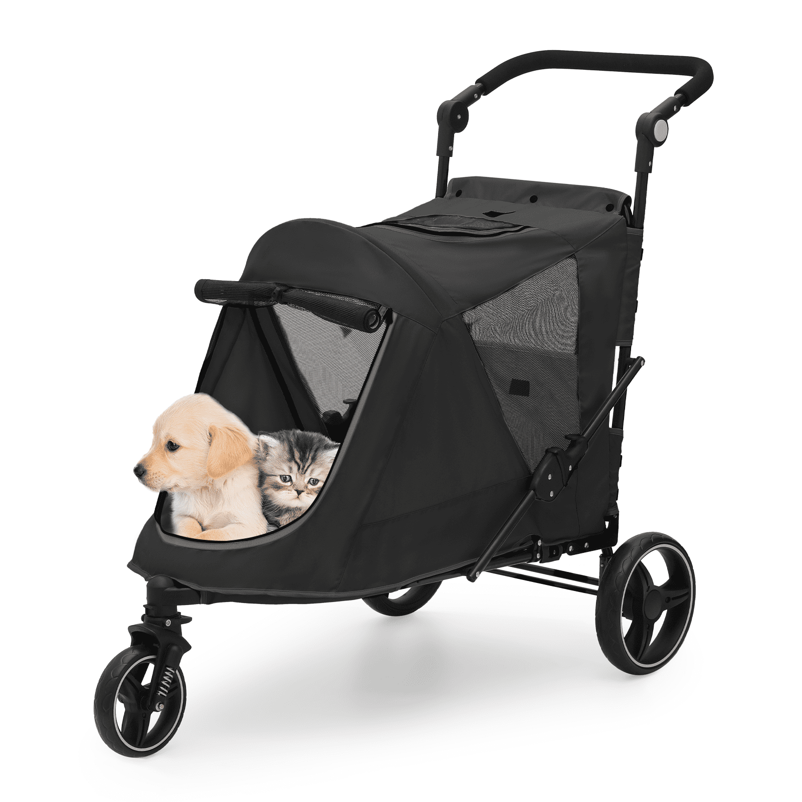 Black Foldable Pet Stroller with Mesh Windows and Storage
