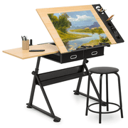 Magshion Drafting Table Art Desk Drawing Table with Stool, Height Adjustable Artist Table Work Station with Tilted Tabletop and Drawer, Natural