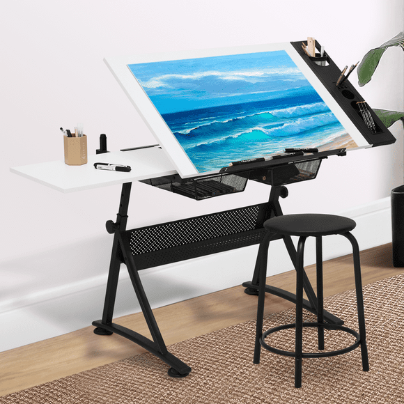 Magshion Drafting Table Desk Craft Work Station with Stool, Drawing Desk Height Adjustable Craft Table with Storage Drawers for Home Office School Study Room, White