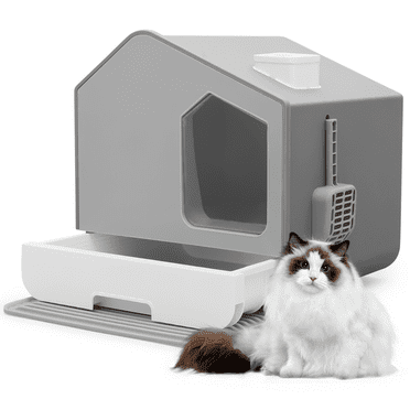 Magshion Enclosed Cat Litter Box with Scoop, Large Cat Litter House with Anti-Splashing Drawer Tray, Front Entry Cat Potty Toilet with Litter Mat, Grey