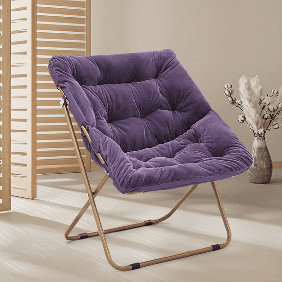 Magshion Faux Fur Saucer Chair, Folding Accent Chair, Square Moon Chair Seat with Metal Frame for Bedroom Dorm Living Room, Max 300lbs, Purple