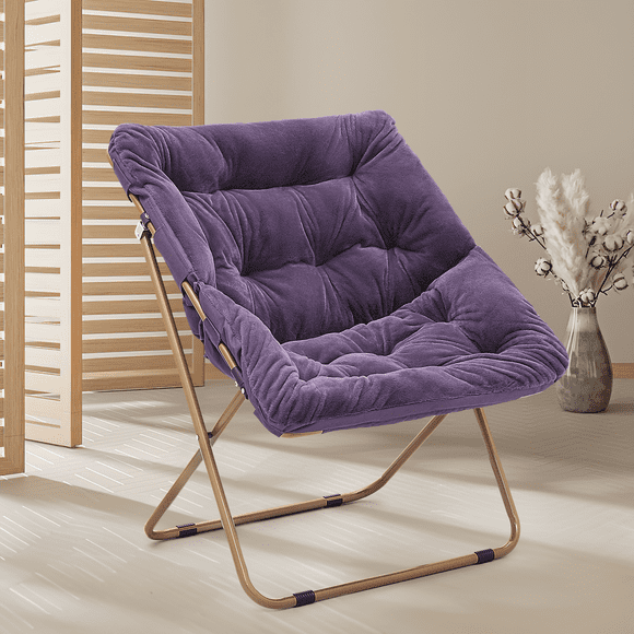 Magshion Faux Fur Saucer Chair, Folding Accent Chair, Square Moon Chair Seat with Metal Frame for Bedroom Dorm Living Room, Max 300lbs, Purple