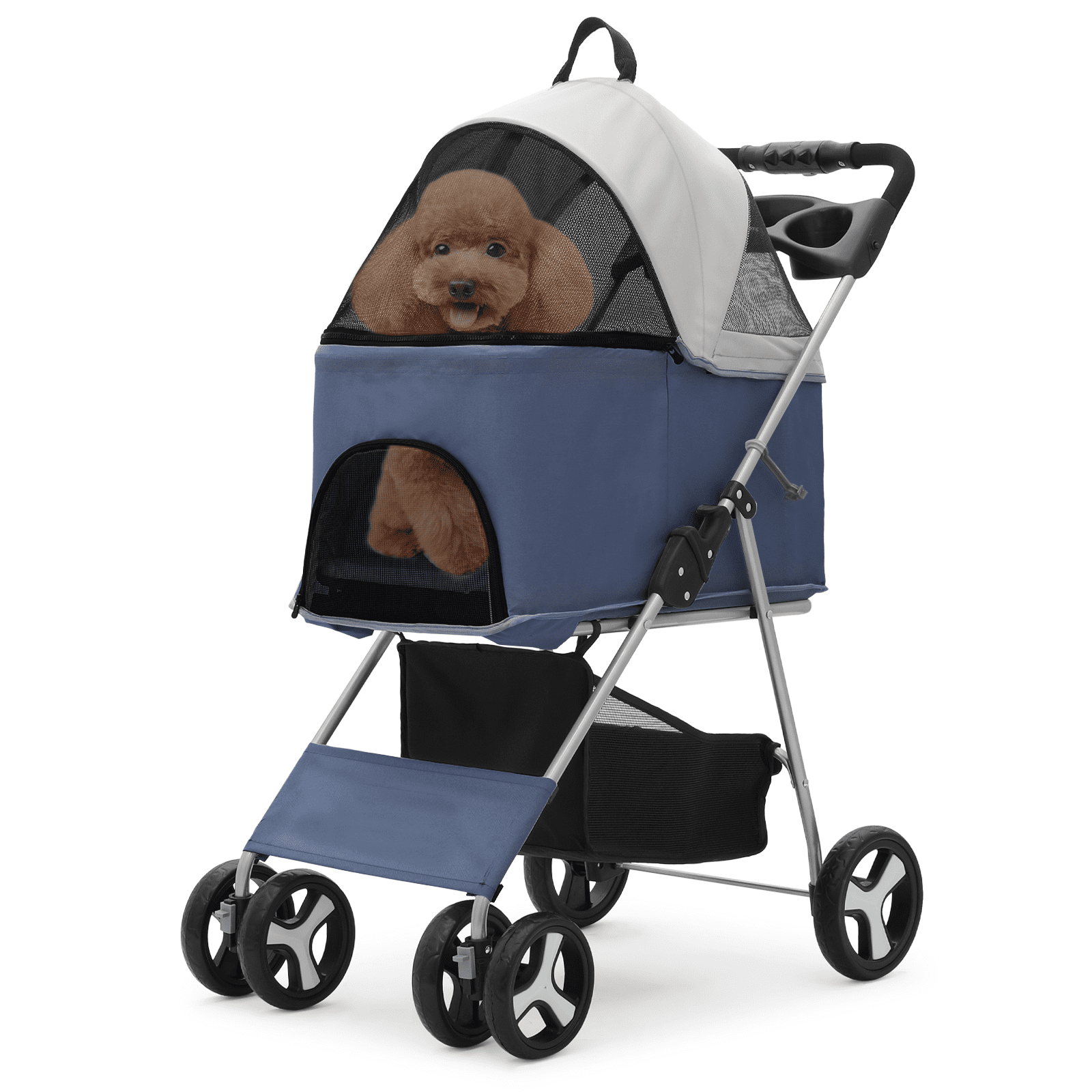 Navy Blue Foldable Pet Stroller with Cup Holder