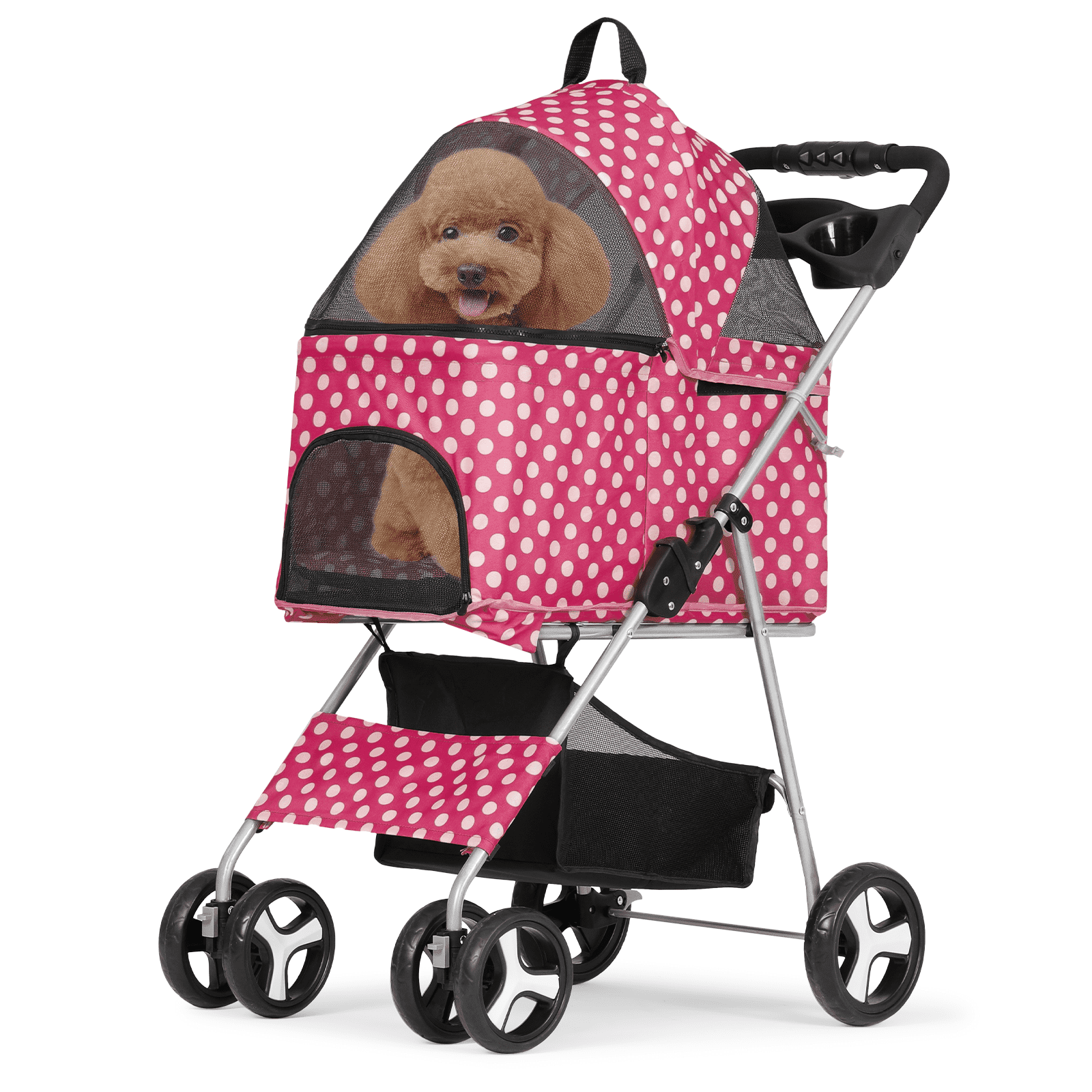 Hot Pink Polka Dot Foldable Dog Stroller with Steel Frame