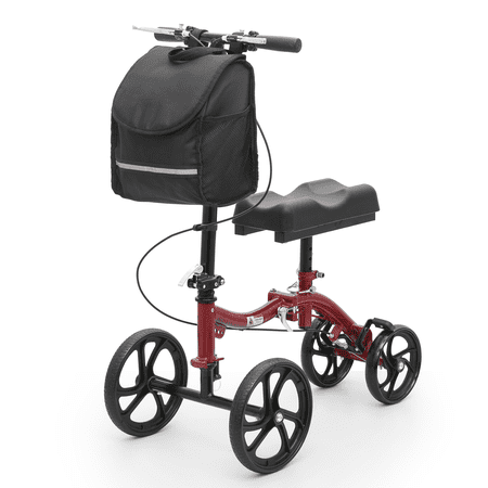 Magshion Foldable Knee Scooter for Leg and Foot Injuries, Adjustable Height Knee Walker with Dual Braking System & Front Bag, Crutch Alternative, Red