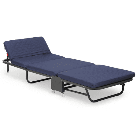 Magshion Folding Bed with Foam Mattress, Camping Cot Rollaway Bed for Adults with Wheels and 6 Adjustable Positions Backrest, Navy Blue