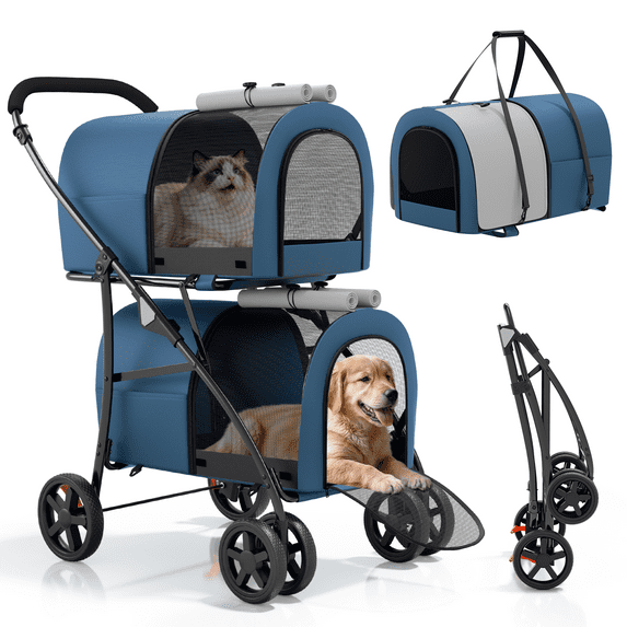 Magshion Folding Double Dog Stroller for 2 Dogs, 4-in-1 Pet Stroller for Small Medium Dogs Cats, Navy Blue/Gray