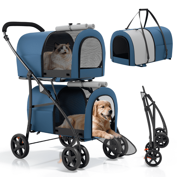 Magshion Folding Double Dog Stroller for 2 Dogs, 4-in-1 Pet Stroller for Small Medium Dogs Cats, Navy Blue/Gray