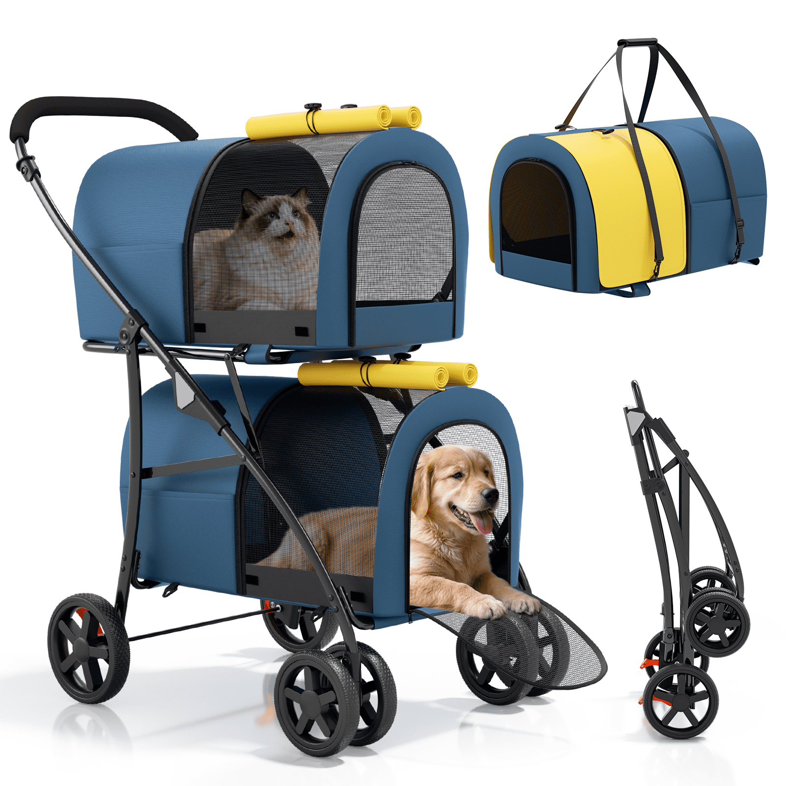 Magshion Folding Double Dog Stroller for 2 Dogs, 4-in-1 Pet Stroller for  Small Medium Dogs Cats, Navy Blue/Yellow
