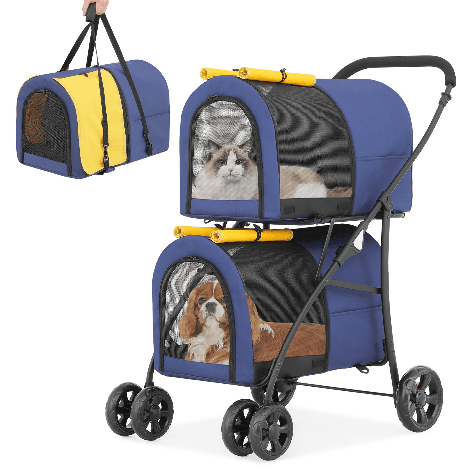 Magshion Lightweight 4 in 1 Double Pet Stroller for Small to Medium Dogs Cats Navy Blue Yellow Walmart