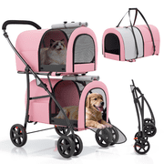 Magshion Folding Double Dog Stroller for 2 Dogs, 4-in-1 Pet Stroller for Small Medium Dogs Cats, Pink/Gray