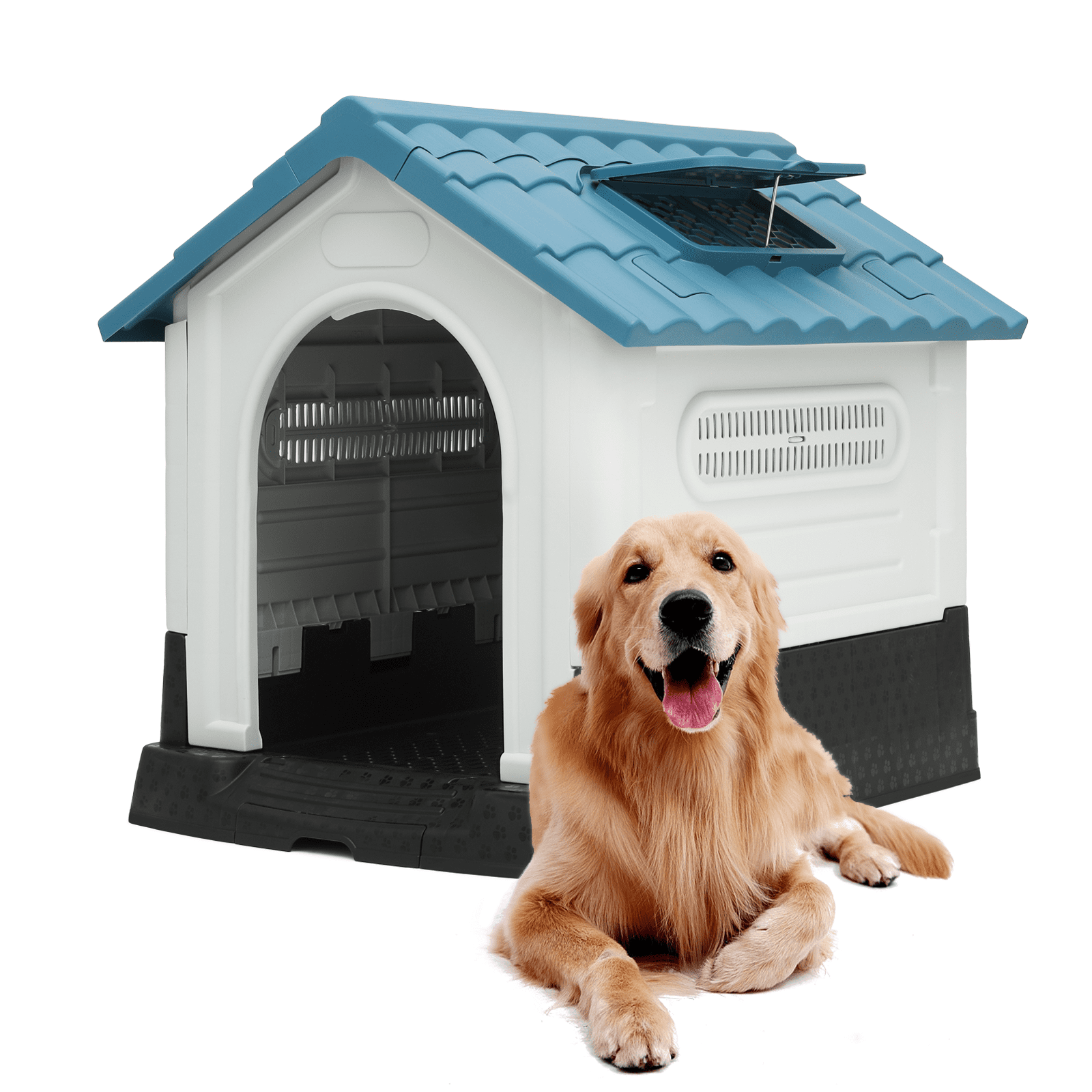 Medium Blue and White Plastic Dog House with Skylight