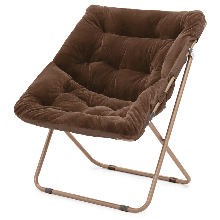Magshion Folding Lounge Chair Comfy Faux Fur Saucer Chair Square Cozy Moon Chair Seating with Metal Frame for Home Living Room Bedroom Brown