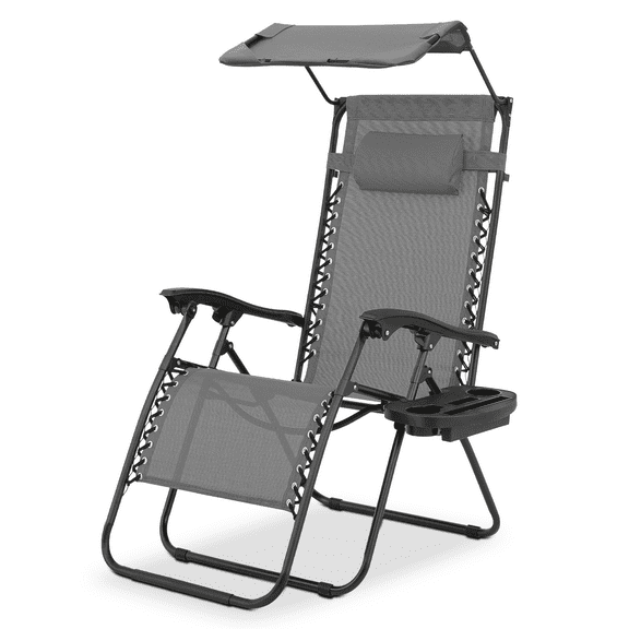 Magshion Folding Patio Chair, Zero Gravity Outdoor Lounge Chair with Canopy Shade and Cup Holder, Adjustable Reclining Chair with Pillow for Beach, Patio, Pool, Yard, Gray