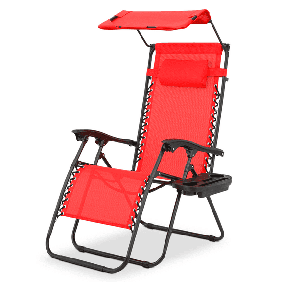 Magshion Folding Patio Chair, Zero Gravity Outdoor Lounge Chair with Canopy Shade and Cup Holder, Adjustable Reclining Chair with Pillow for Beach, Patio, Pool, Yard, Red