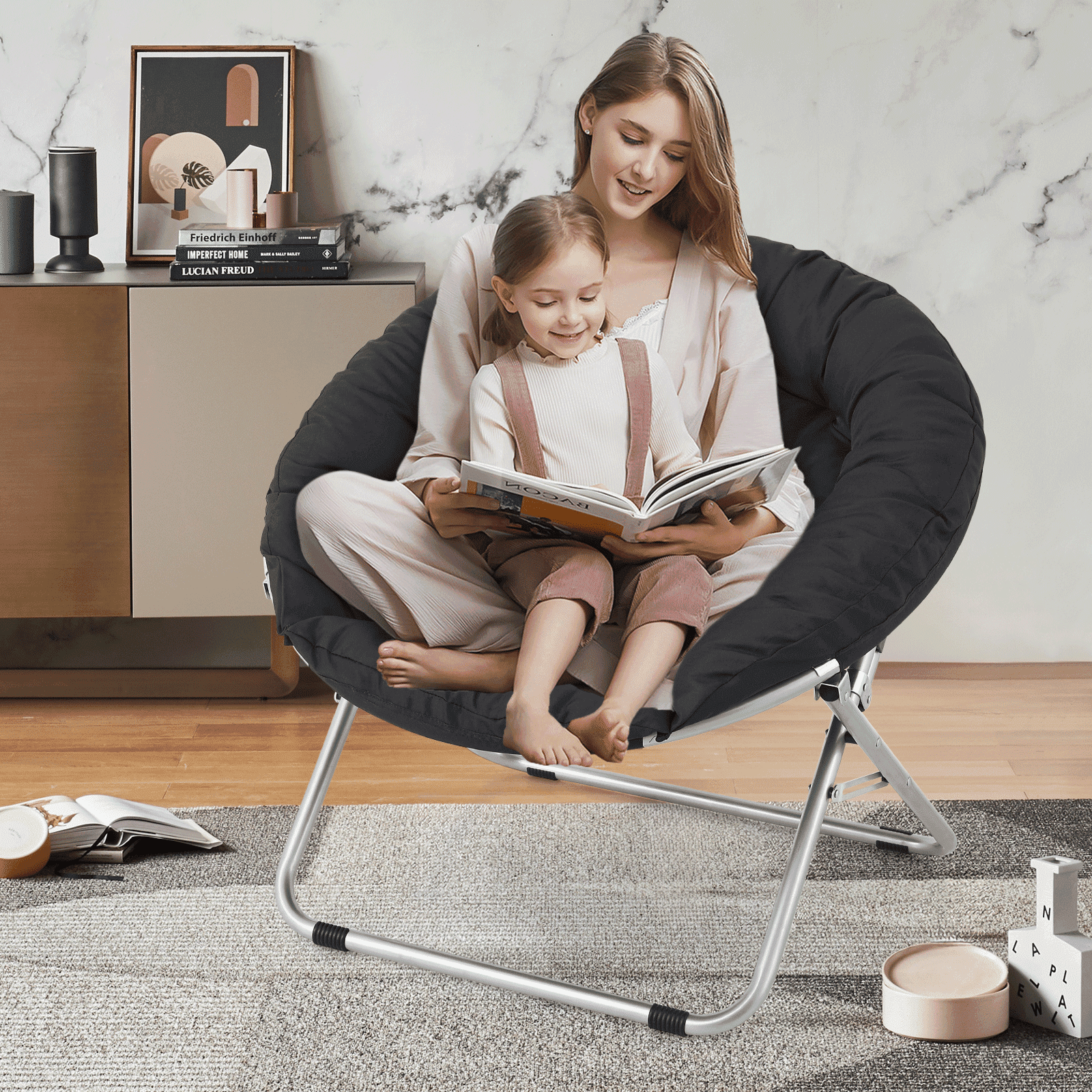Magshion Folding Saucer Chair, 600D Oxford Cozy Chair for Living Room Bedroom, Foldable Lounge Chair,Black