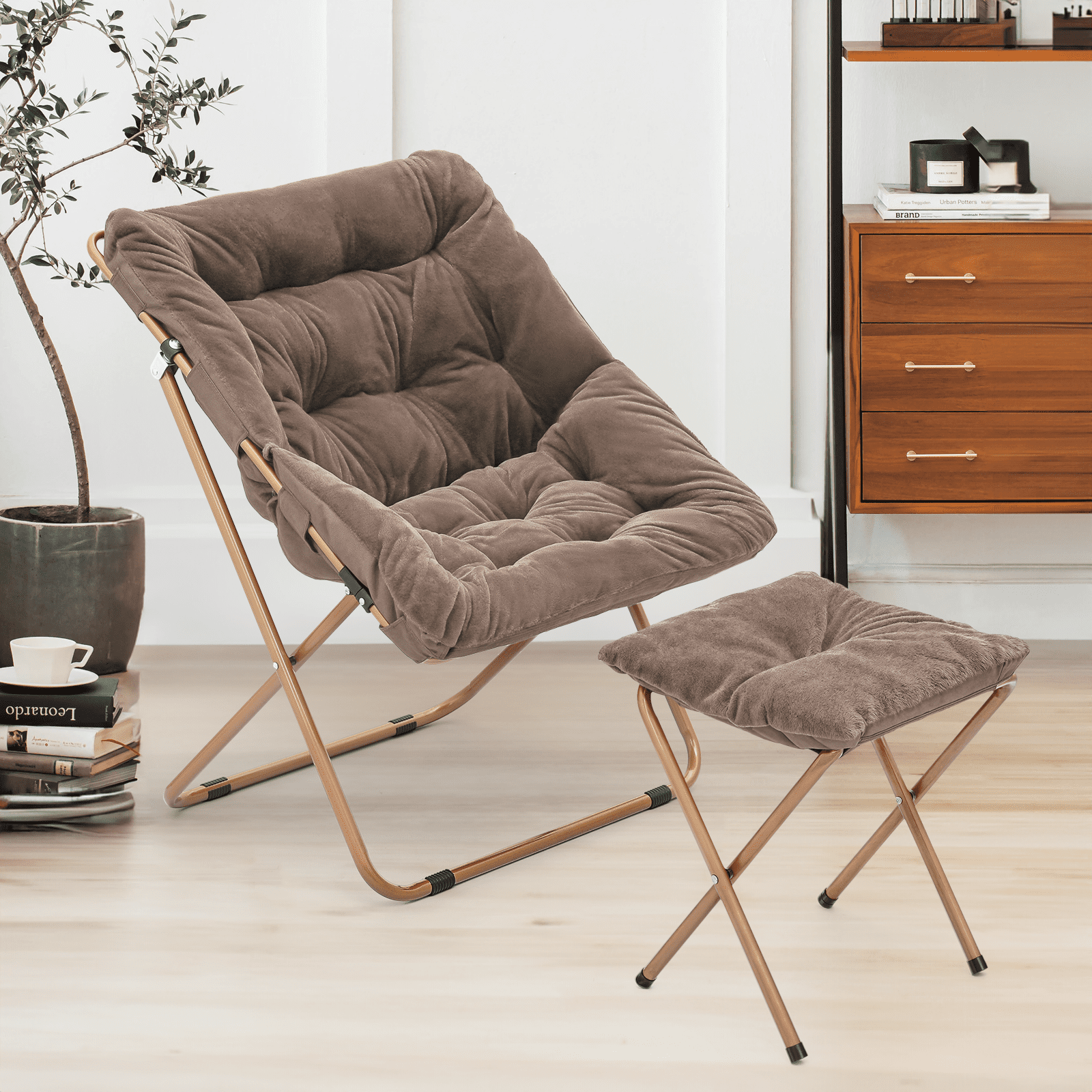 Magshion Folding Saucer Chair & Ottoman Set, Beige Faux Fur