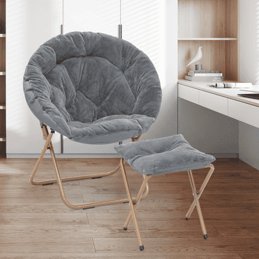 Magshion Folding Saucer Chair and Footrest Stool Set, Soft Faux Fur Oversized Accent Chair, Metal Frame Moon Chair for Bedroom Living Room, Gray