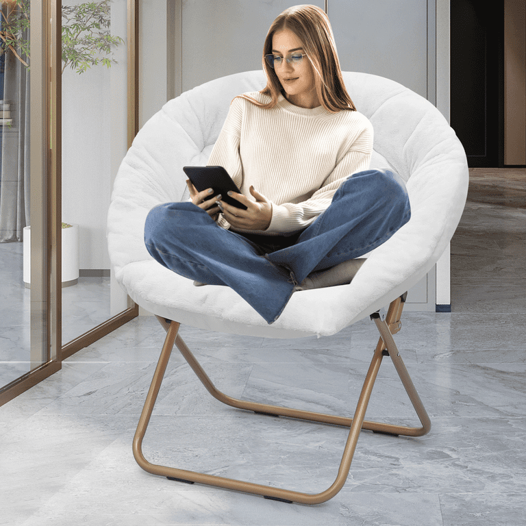 Magshion Folding Saucer Chair for Adult Collapsible Oversized Cozy Moon Chair for Adults Metal Frame Lounge Chair for Bedroom Living Room White