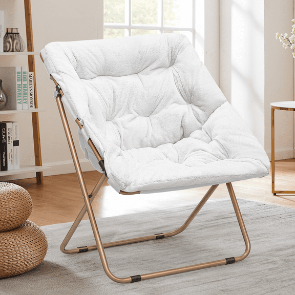 Magshion Folding Saucer Chair for Adult, Oversized Square Cozy Moon Chair Seat for Adults, Metal Frame Lounge Chair for Bedroom, White