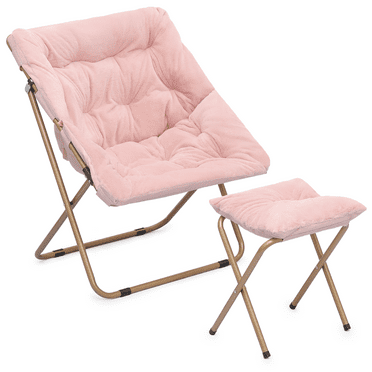 Magshion Folding Saucer Chair with Ottoman, Faux Fur Moon Chair and Footrest with Metal Frame, Foldable Lounge Chair and Foot Stool Set, Pink