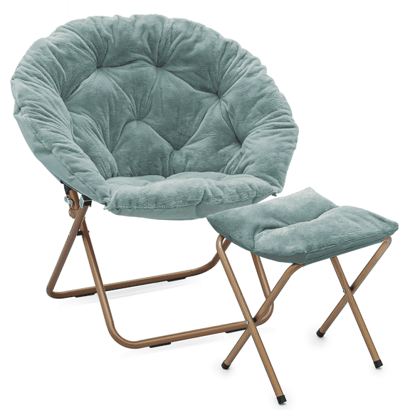 Magshion Folding Saucer Chairs with Ottoman, Faux Fur Foldable Chair and Footrest Set with Metal Frame, PortableLounge Chair, for Living Room Bedroom, Teal Blue