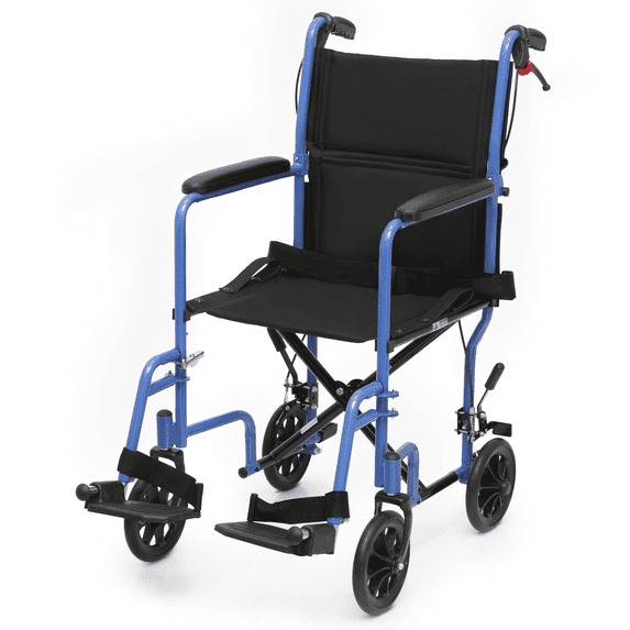 Magshion Folding Transport Wheelchair, Foldable Wheelchair with Swing-Away Footrests, Flip Back Backrest and Handle Brake for Adults, Disabled, Blue